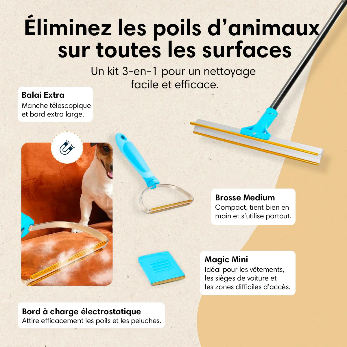 Raserpets® - Le kit 3-en-1 contre les poils d'animaux